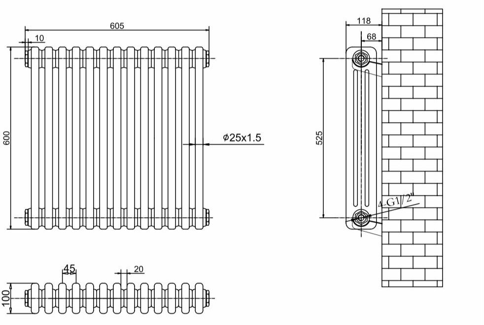 ArttiDesign Bari III G 13/600/605 белый матовый Габаритные размеры