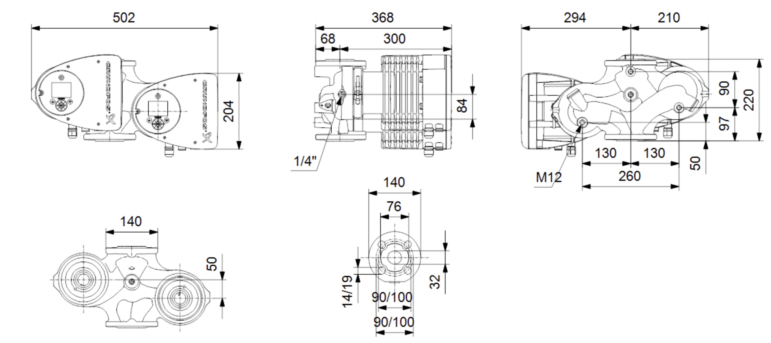 Grundfos Magna3 D 32-120 F (97924454) Габаритные размеры