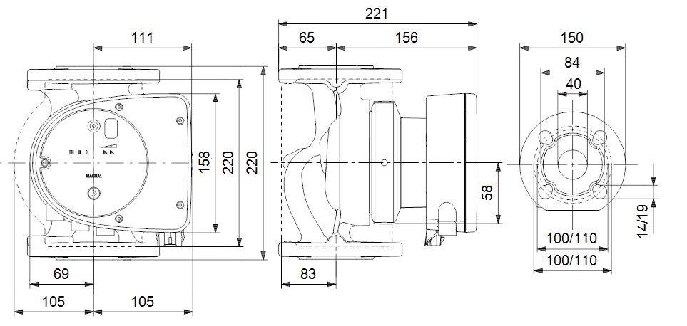 Grundfos Magna1 40-60 F 220 (99221292) Габаритні розміри