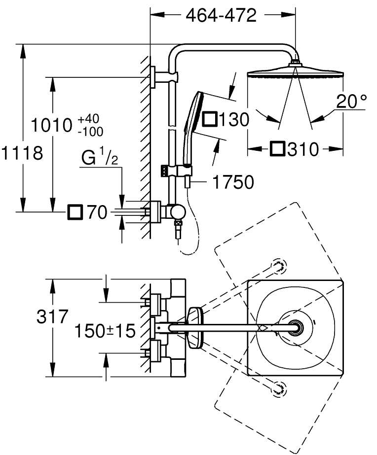 Grohe Rainshower Smartactive 310 26837DC0 Габаритні розміри