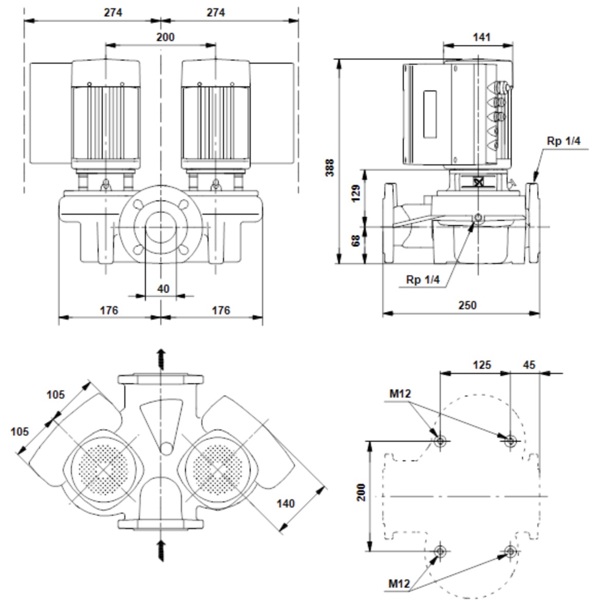 Grundfos TPED 40-120/2-S A-F-A-BUBE (96275418) Габаритные размеры