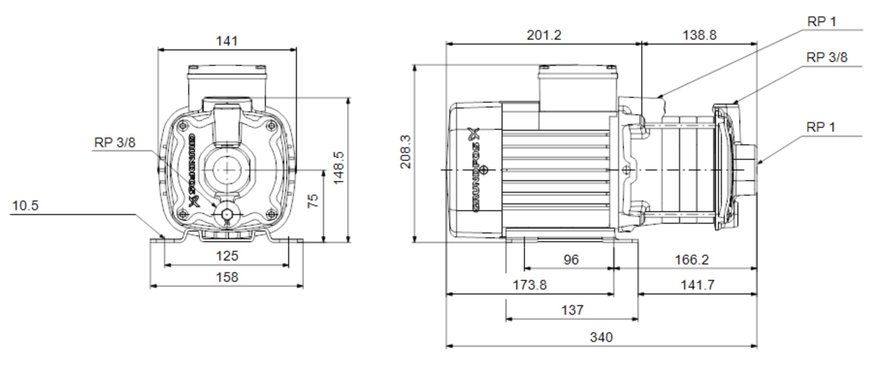 Grundfos CM1-5 A-R-A-E-AQQE C-A-A-N (96807018) Габаритные размеры