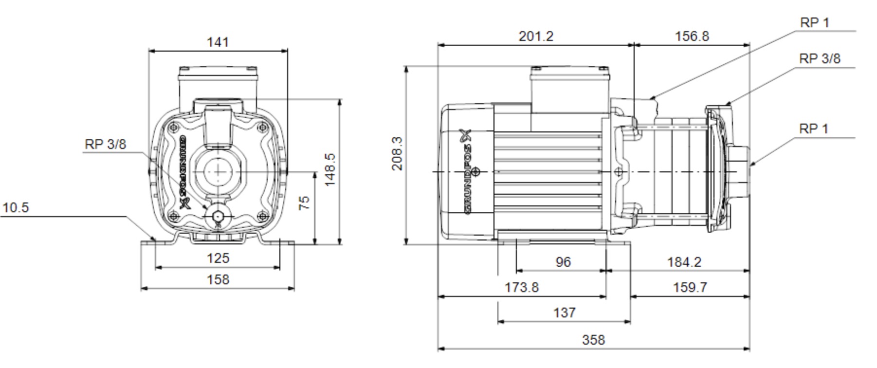 Grundfos CM1-6 A-R-A-E-AQQE C-A-A-N (97516562) Габаритные размеры