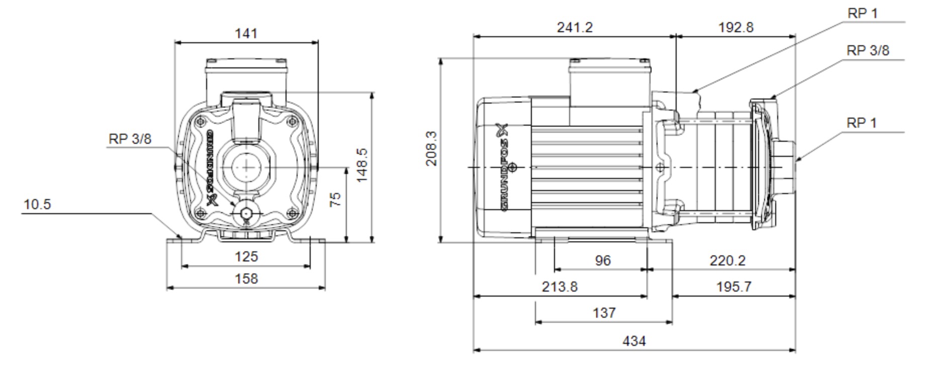 Grundfos CM1-8 A-R-A-E-AQQE C-A-A-N (96807021) Габаритні розміри