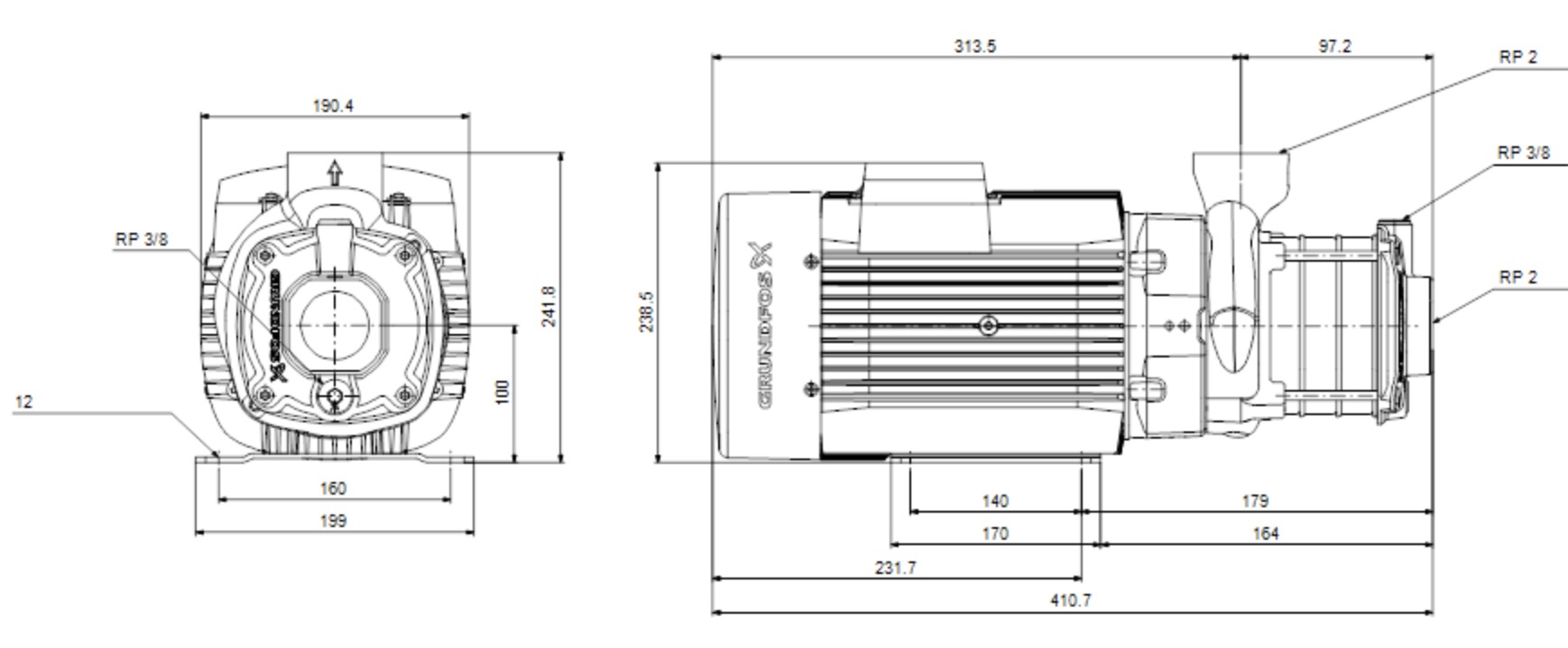 Grundfos CM15-2 A-R-A-E-AQQE C-A-A-N (97516581) Габаритні розміри