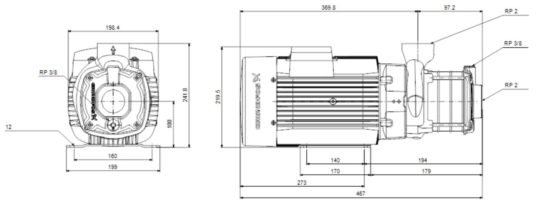 Grundfos CM25-2 A-R-A-E-AQQE F-A-A-N (97509107) Габаритні розміри