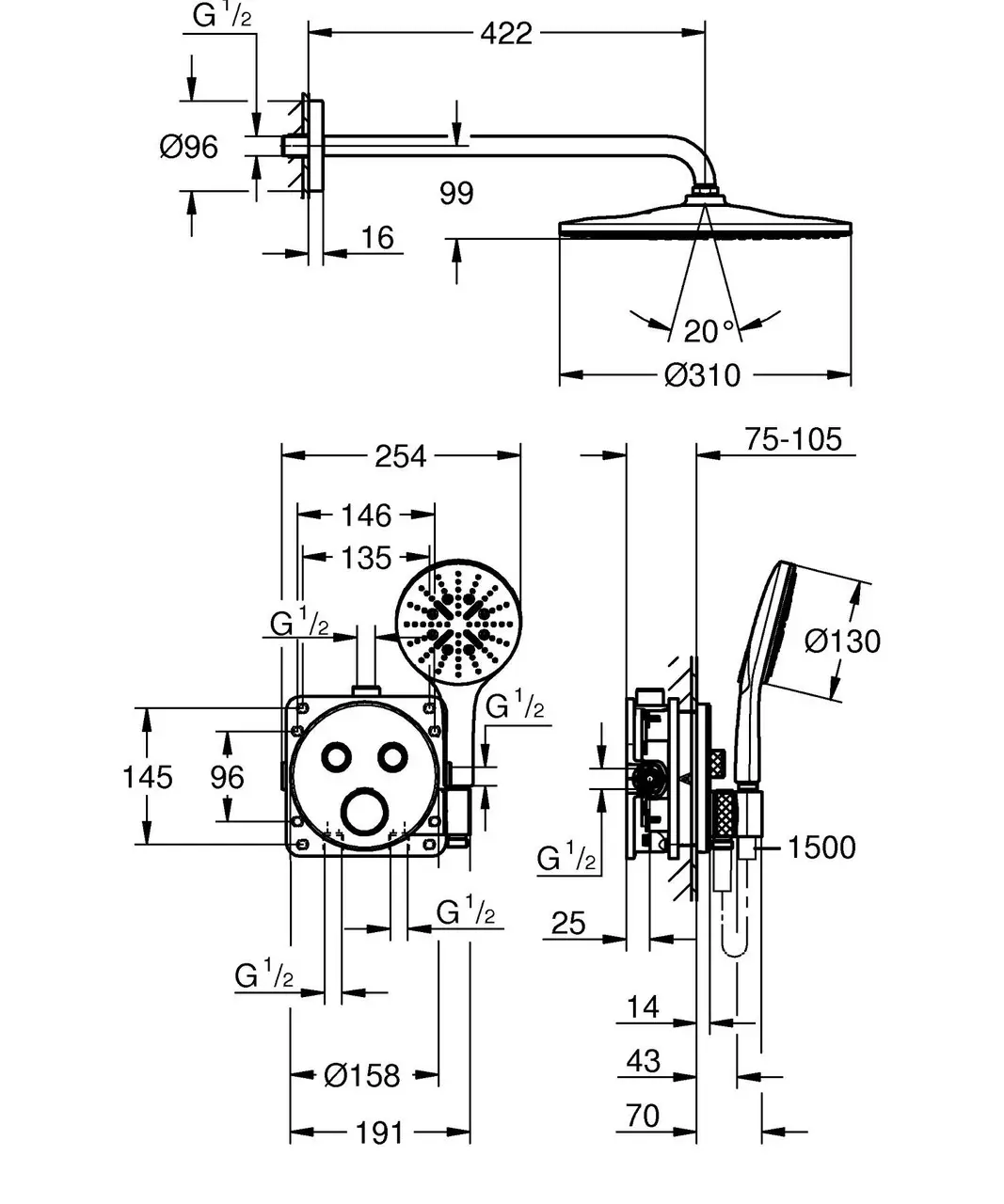 Grohe Grohtherm SmartControl 34866000 Габаритні розміри