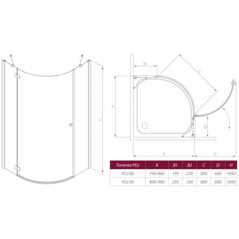 Radaway Torrenta PDJ 90x90 + Patmos A 90x90 (4S99155-03+ 31800-01-05N) Габаритні розміри