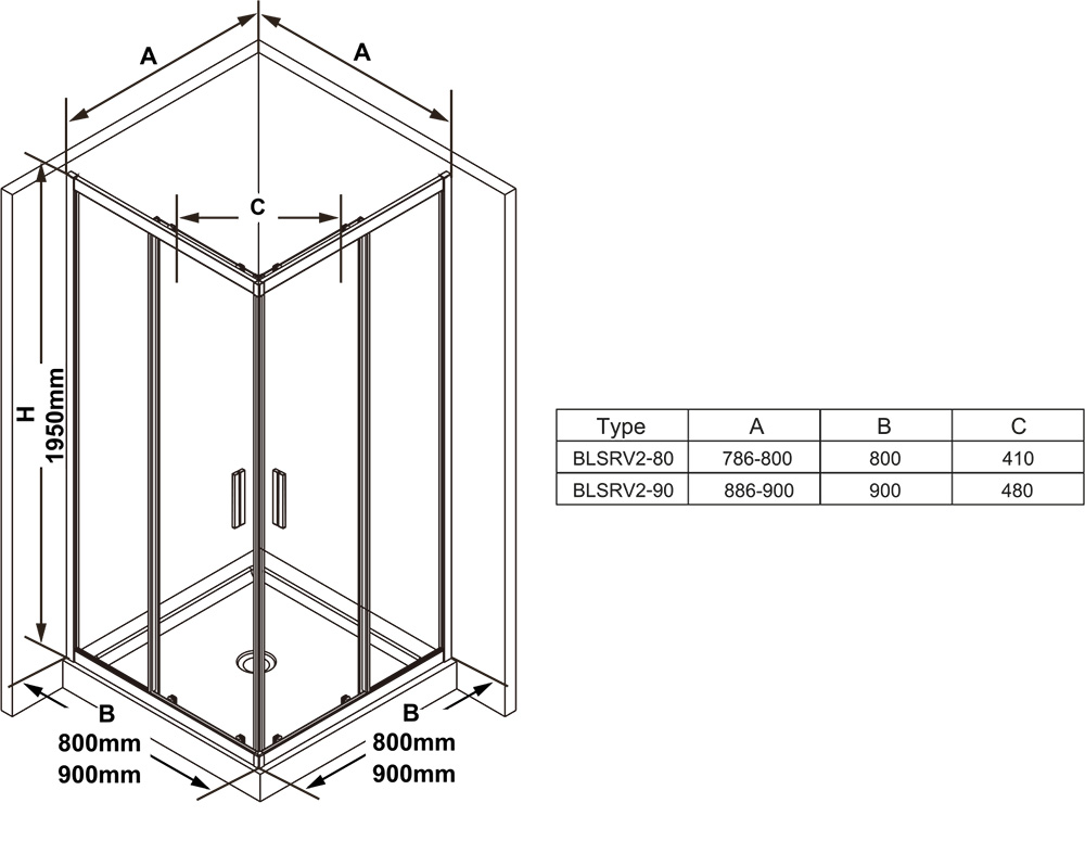 Ravak BLSRV2-90 Черный Transparent (X1LM70300Z1) Габаритные размеры