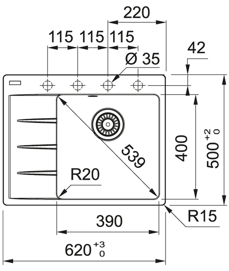 Franke Centro CNG 611-62 TL (114.0630.461)  Габаритные размеры