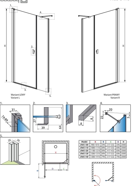 Radaway NES DWS I 140x200 (10028140-01-01R) Габаритные размеры