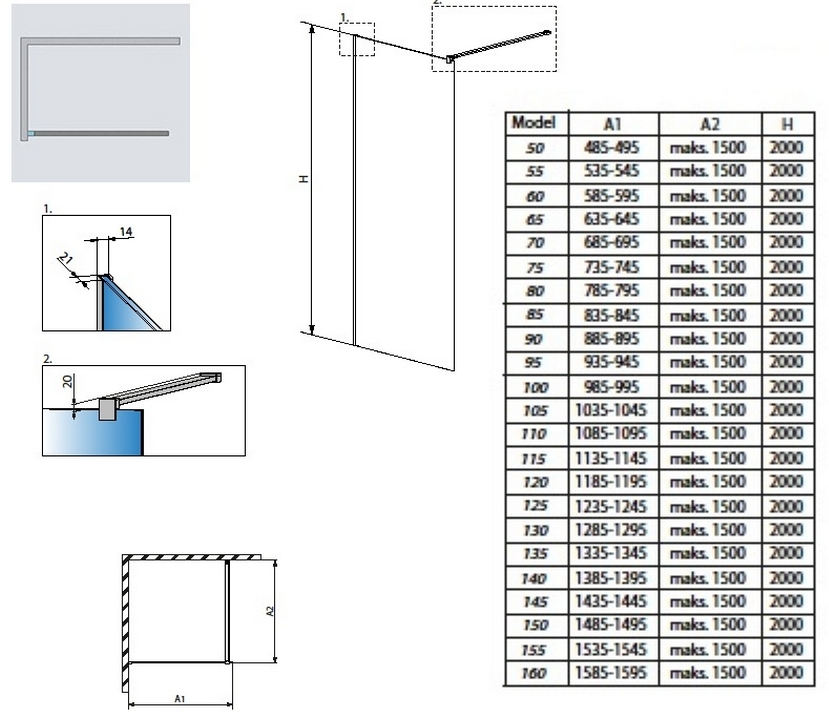 Radaway Modo New II 95x200 (389095-01-01) Габаритні розміри