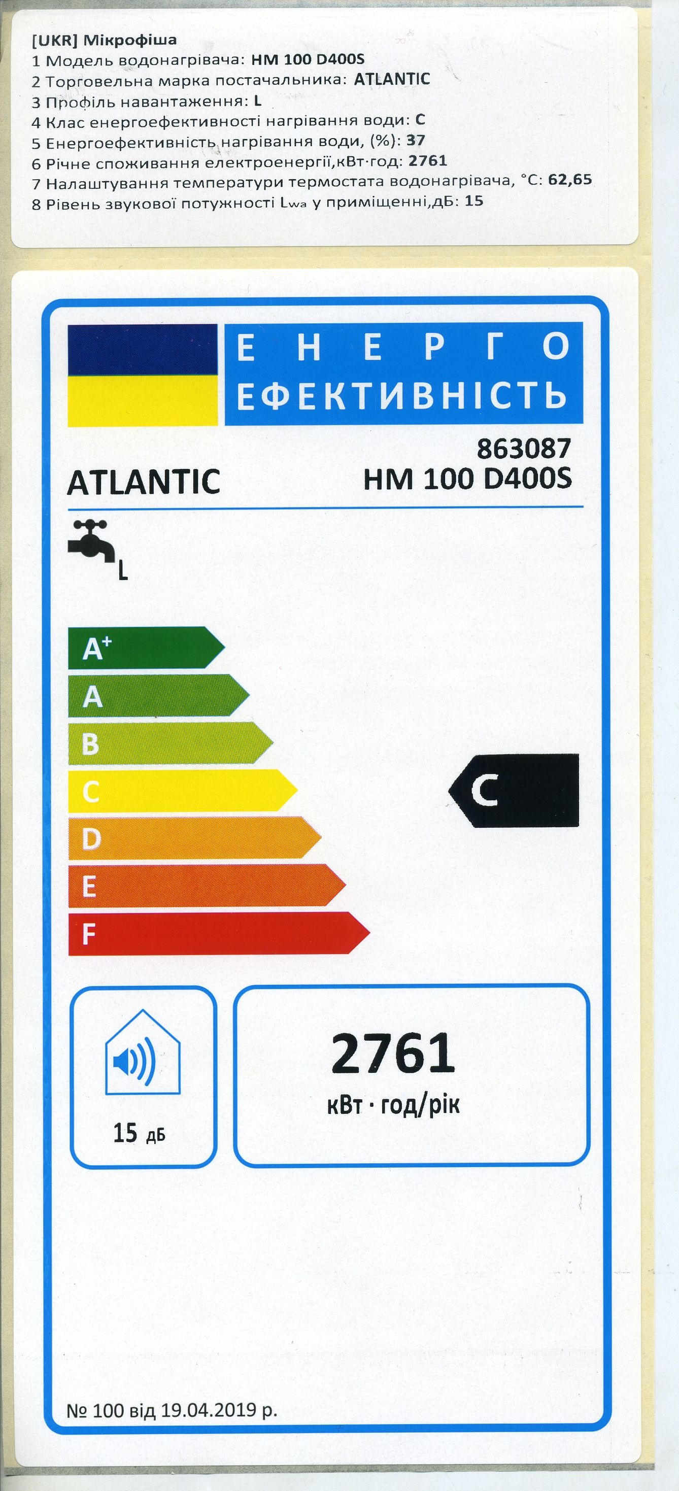Atlantic Opro Horizontal HM 100 D400S (1500W) Клас енергоефективності