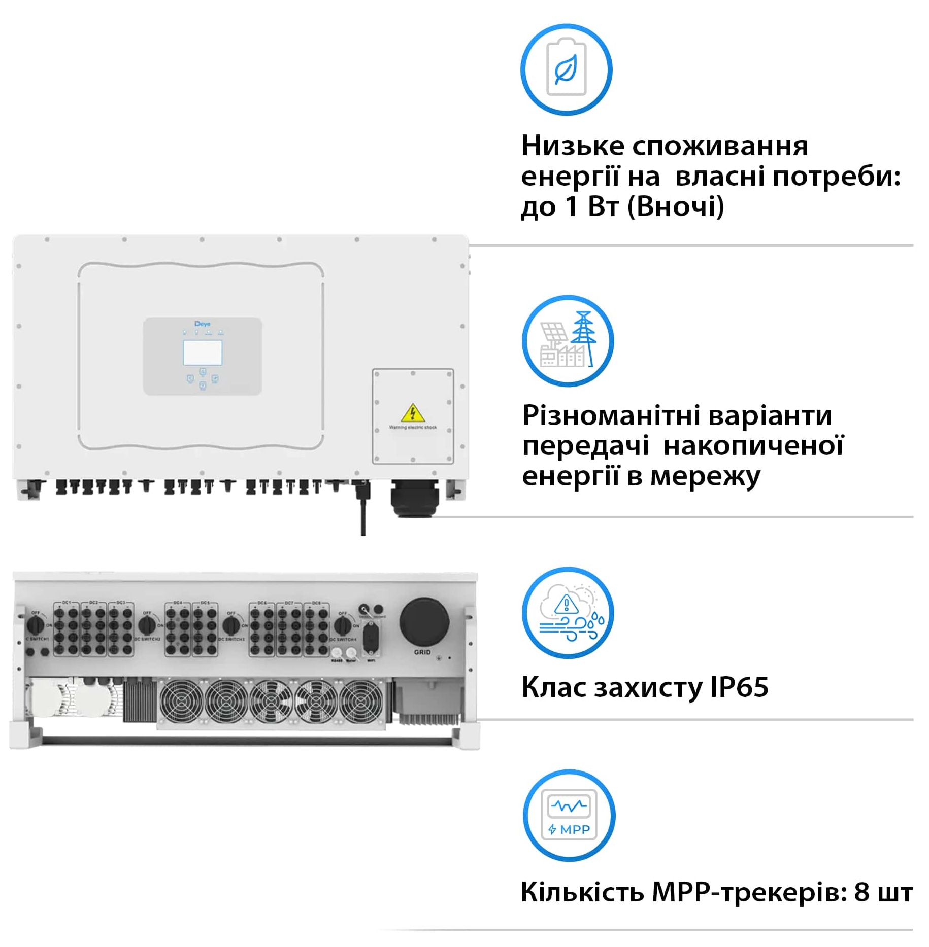 Мережевий інвертор Deye SUN-125K-G01P3-EU ціна 199758.00 грн - фотографія 2