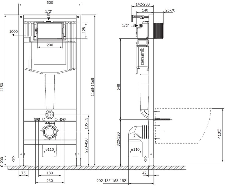 Cersanit aqua 50 mech qf (K97-525) Габаритные размеры