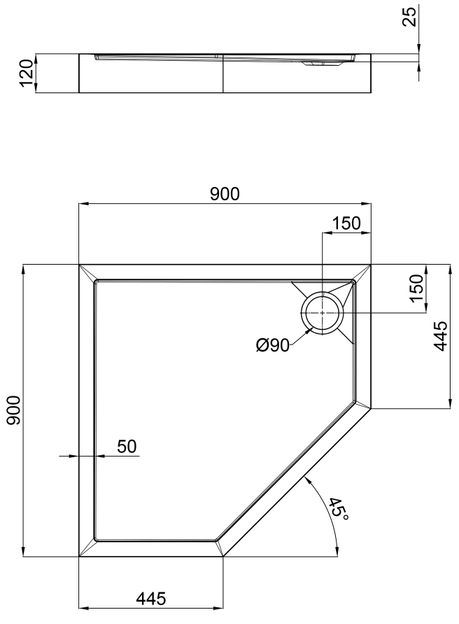 Q-Tap Diamond 309912 90x90 + сифон Габаритні розміри