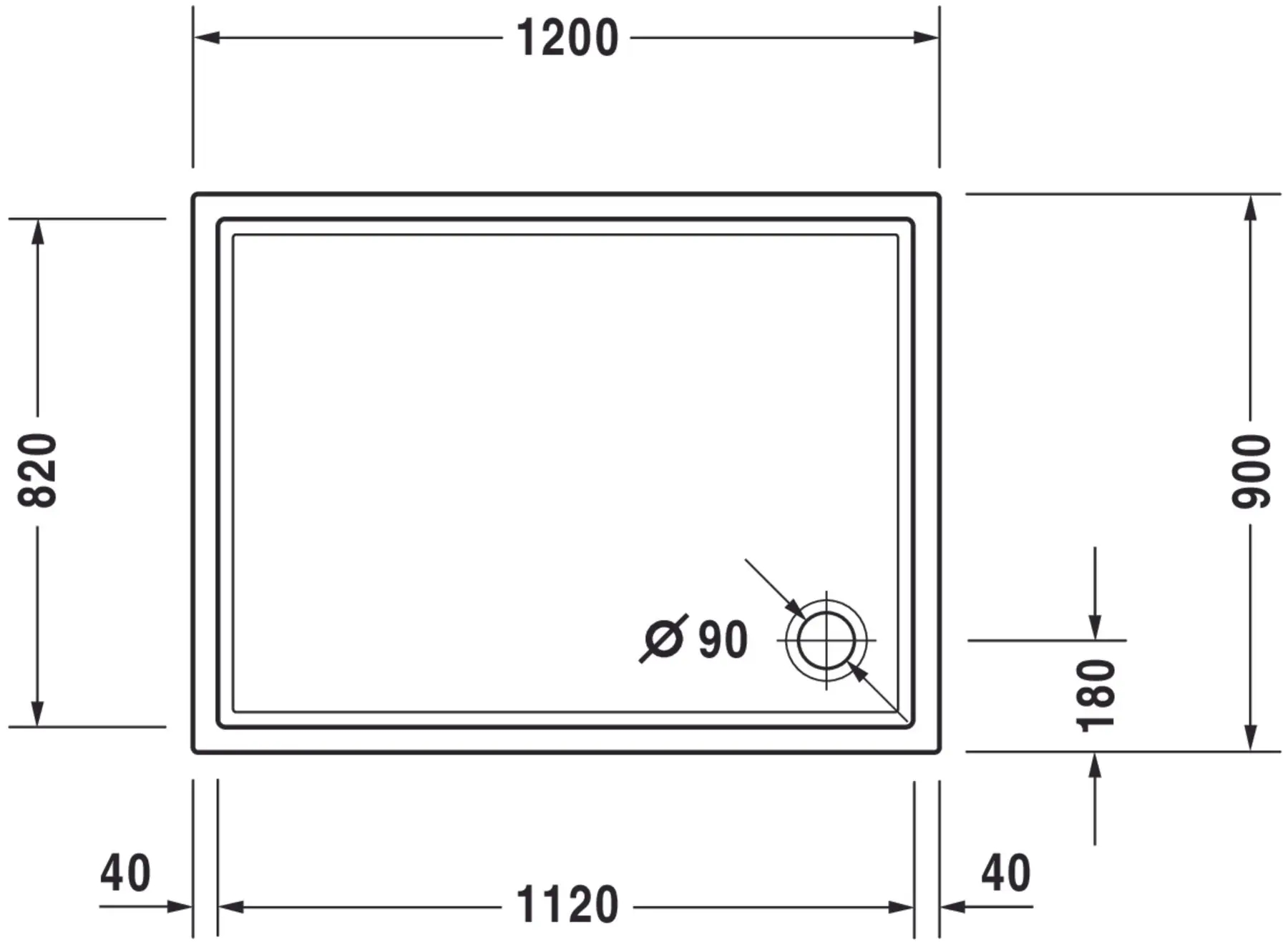 Duravit Starck Slimline 120x90 (720122000000000) Габаритные размеры