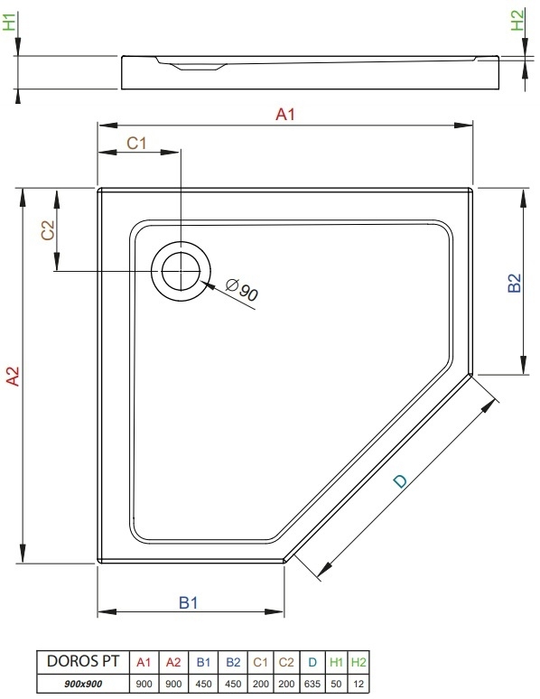 Radaway Doros PT 90x90 (SDRPT9090-01) Габаритные размеры