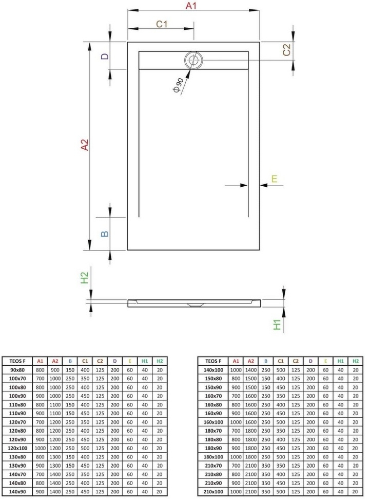 Radaway Teos F 120x70 (HTF12070-04) Габаритные размеры