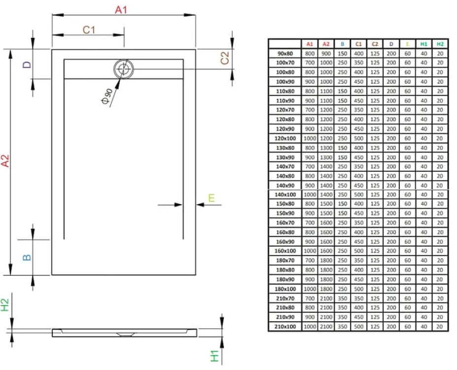 Radaway Teos F 140x70 (HTF14070-64) Габаритные размеры