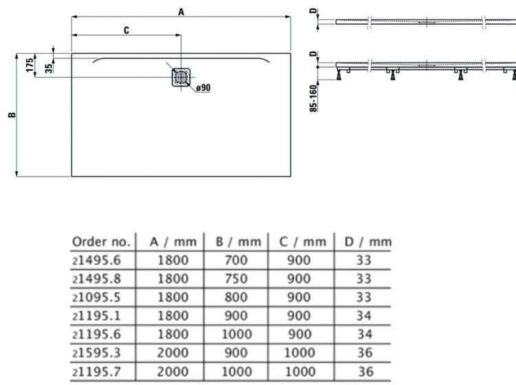 Laufen Pro 180x90 H2119510770001 Габаритні розміри