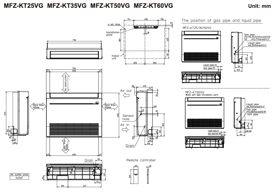 Mitsubishi Electric MFZ-KT50VG Габаритні розміри