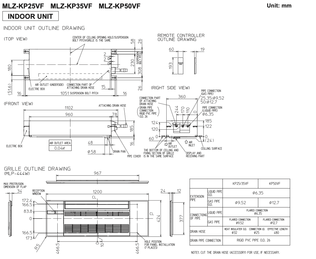 Mitsubishi Electric MLZ-KP25VF Габаритные размеры