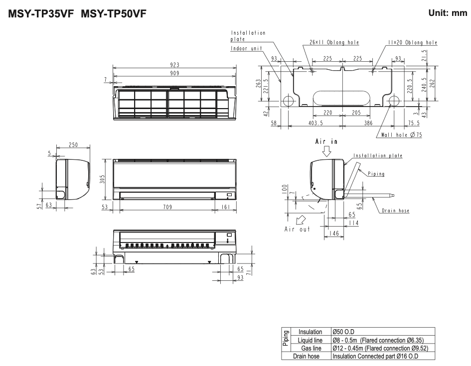 Mitsubishi Electric MSY-TP50VF Габаритные размеры