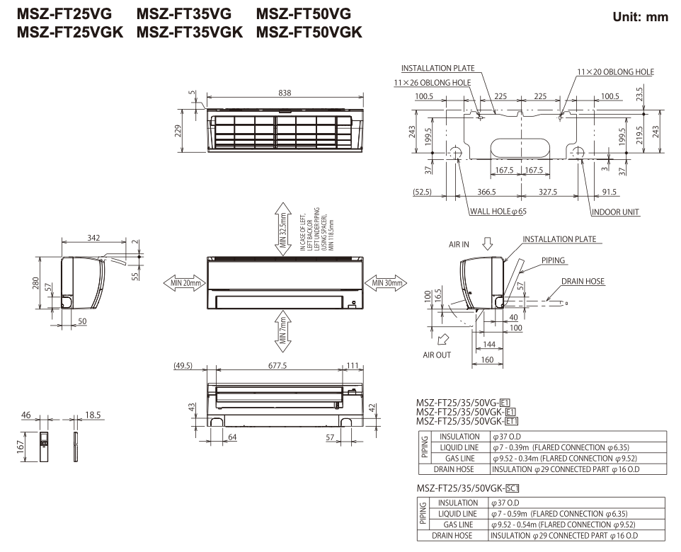 Mitsubishi Electric MSZ-FT25VGK Габаритные размеры