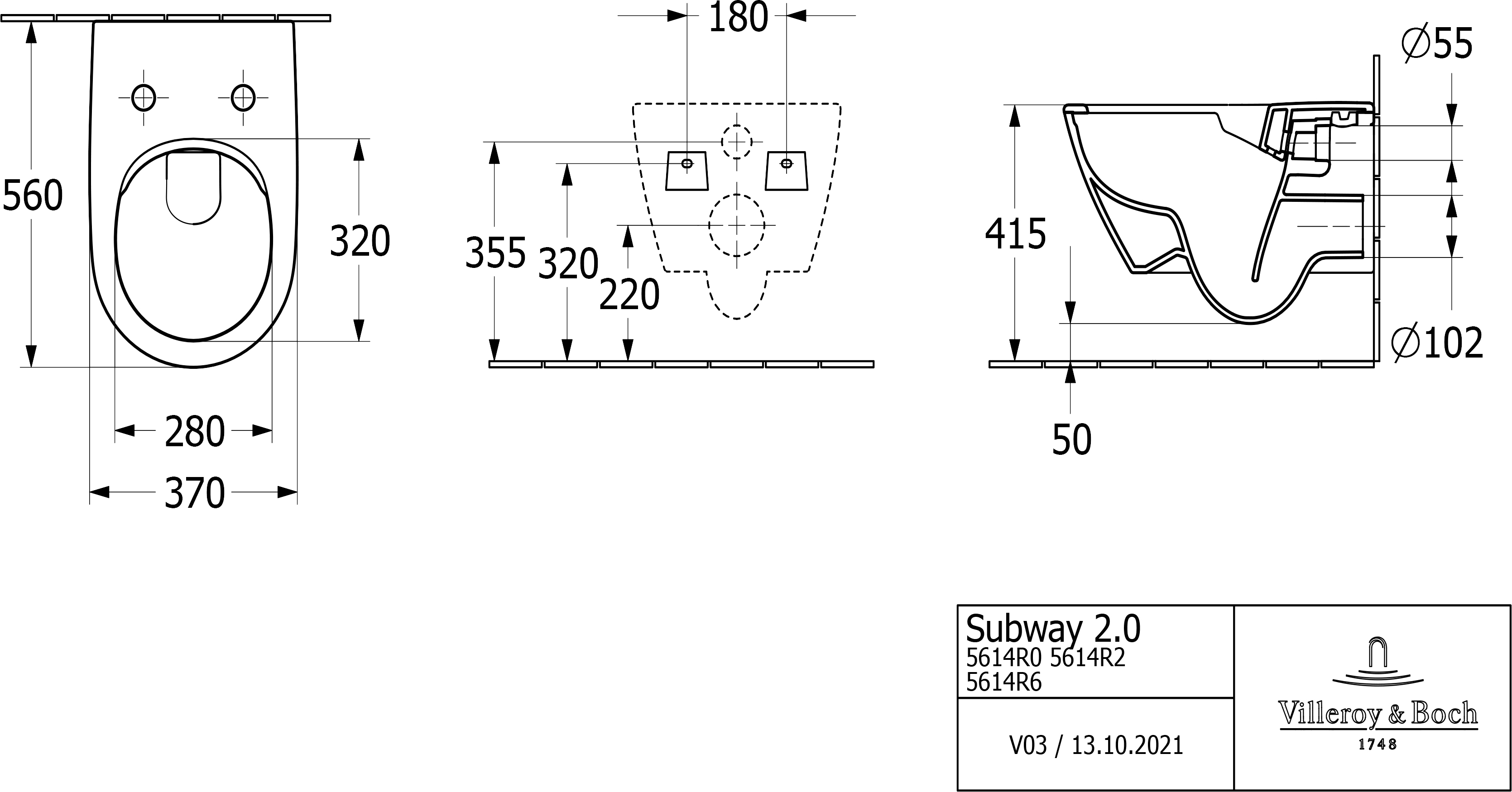 Villeroy&Boch Subway 2.0 (5614R0S5_8M42S1S5) черный мат Габаритные размеры