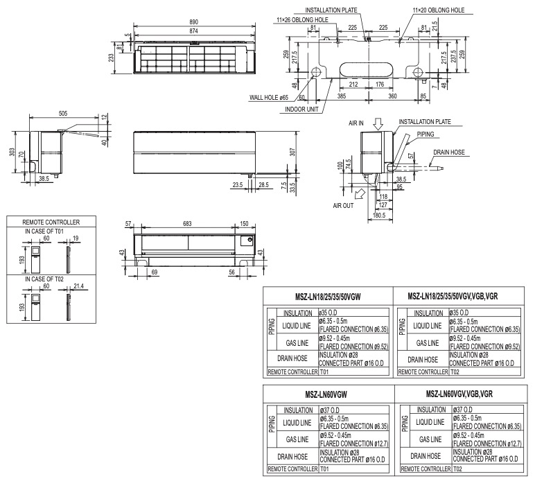 Mitsubishi Electric MSZ-LN18VGB Габаритные размеры