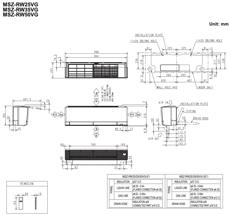 Mitsubishi Electric MSZ-RW50VG Габаритні розміри