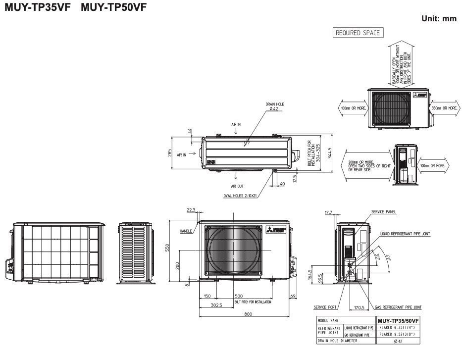 Mitsubishi Electric Inverter MSY-TP35VF/MUY-TP35VF Габаритные размеры