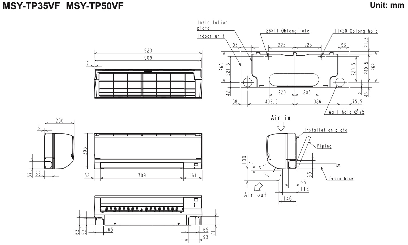 Mitsubishi Electric Inverter MSY-TP50VF/MUY-TP50VF Габаритные размеры