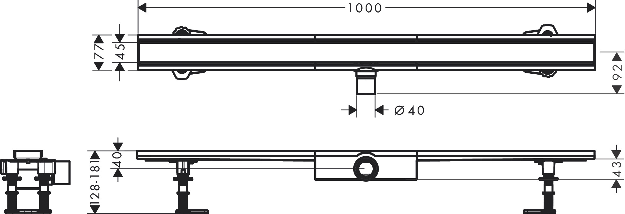 Hansgrohe RainDrain Compact Flat 1000 мм (56170800) Габаритные размеры