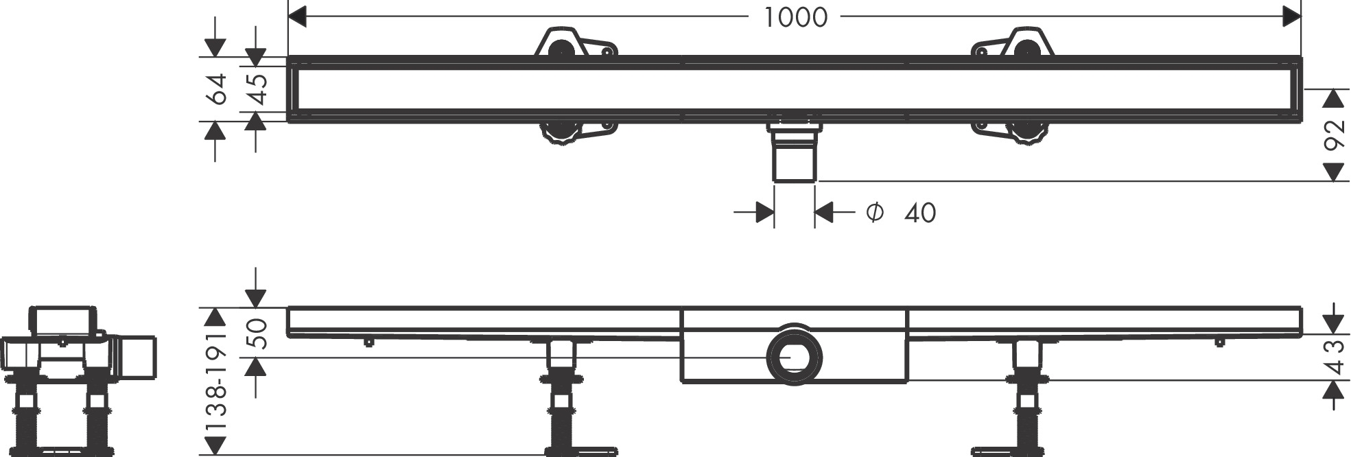 Hansgrohe RainDrain Compact 1000 мм (56171000) Габаритные размеры