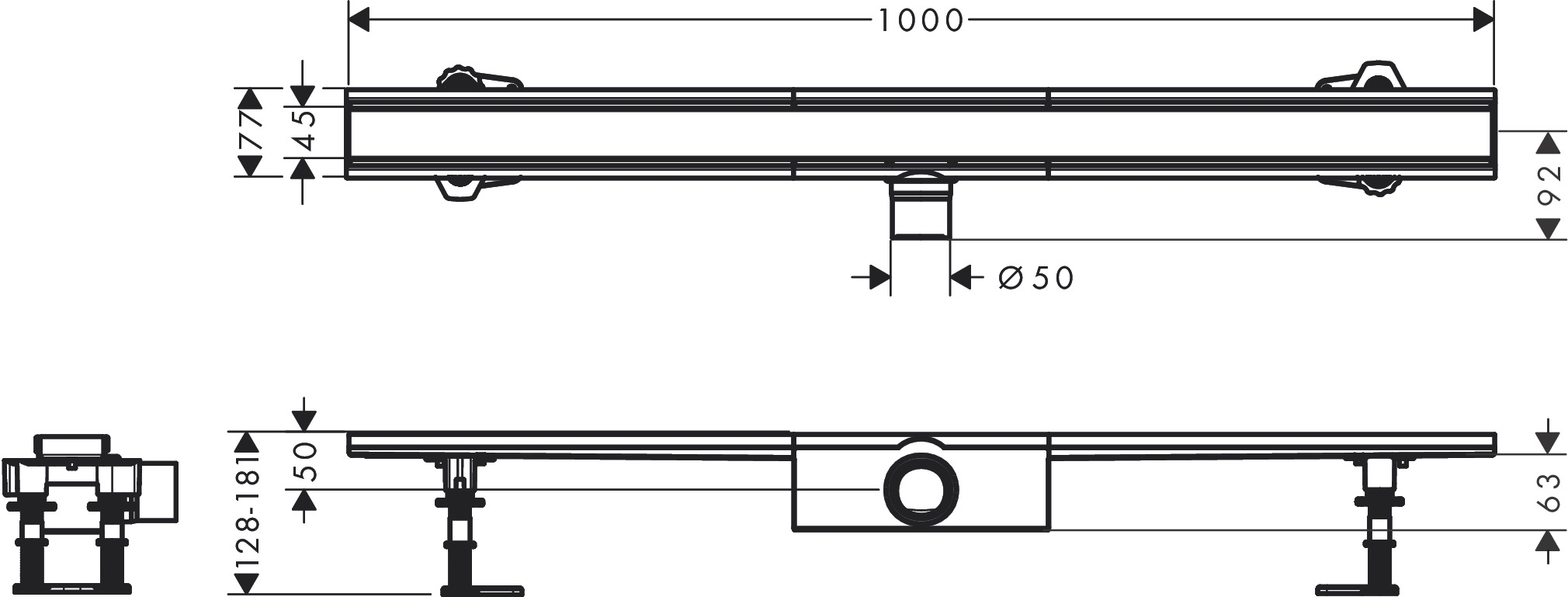 Hansgrohe RainDrain Compact 1000 мм (56182800) Габаритные размеры