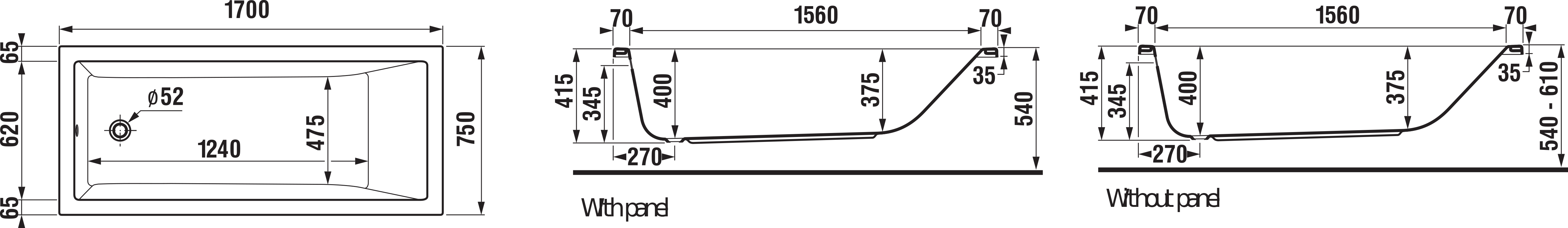 Jika Cubito Pure 170x75 (H2224200000001) Габаритні розміри