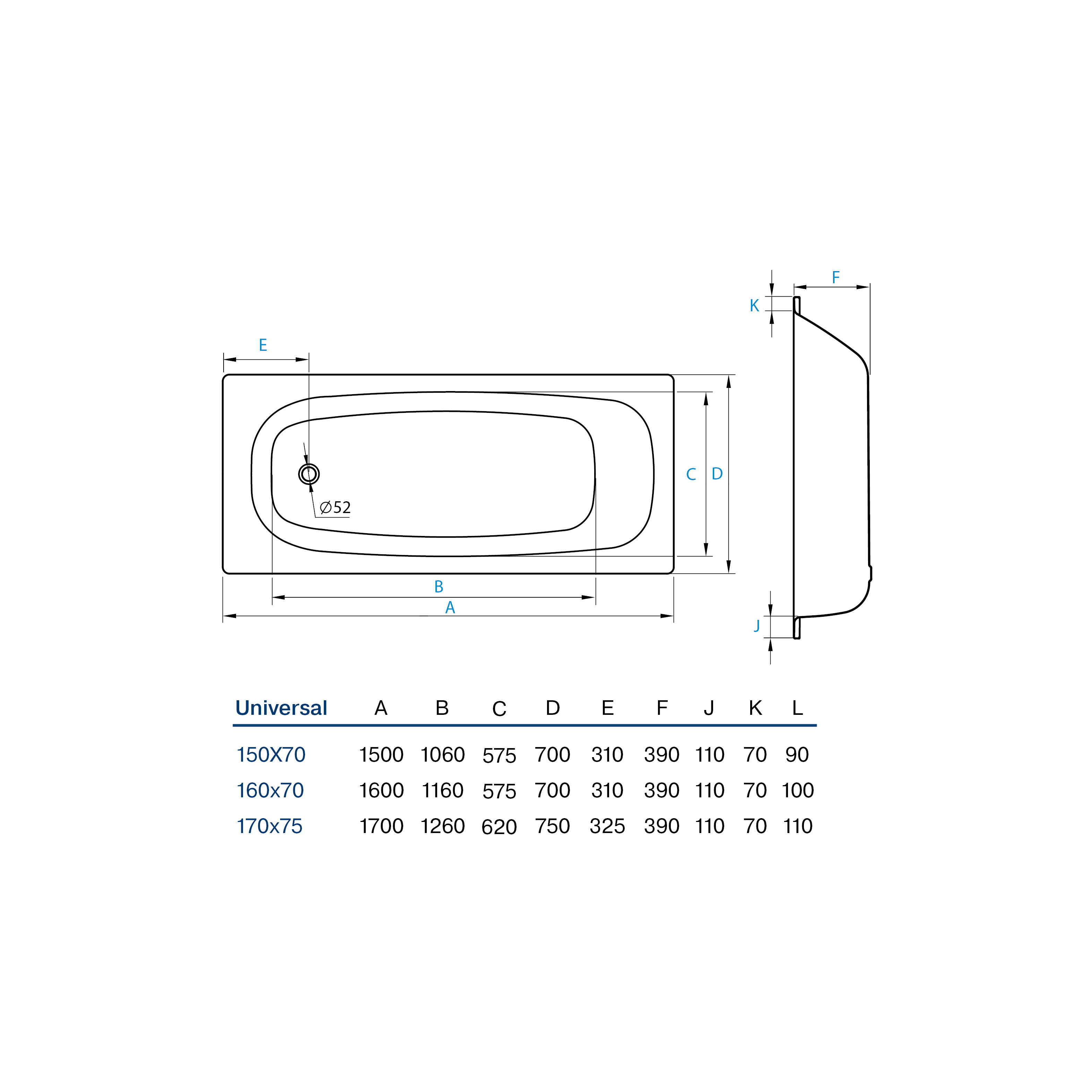 Koller Pool Universal 150x70 (B50HAH00E) Габаритные размеры