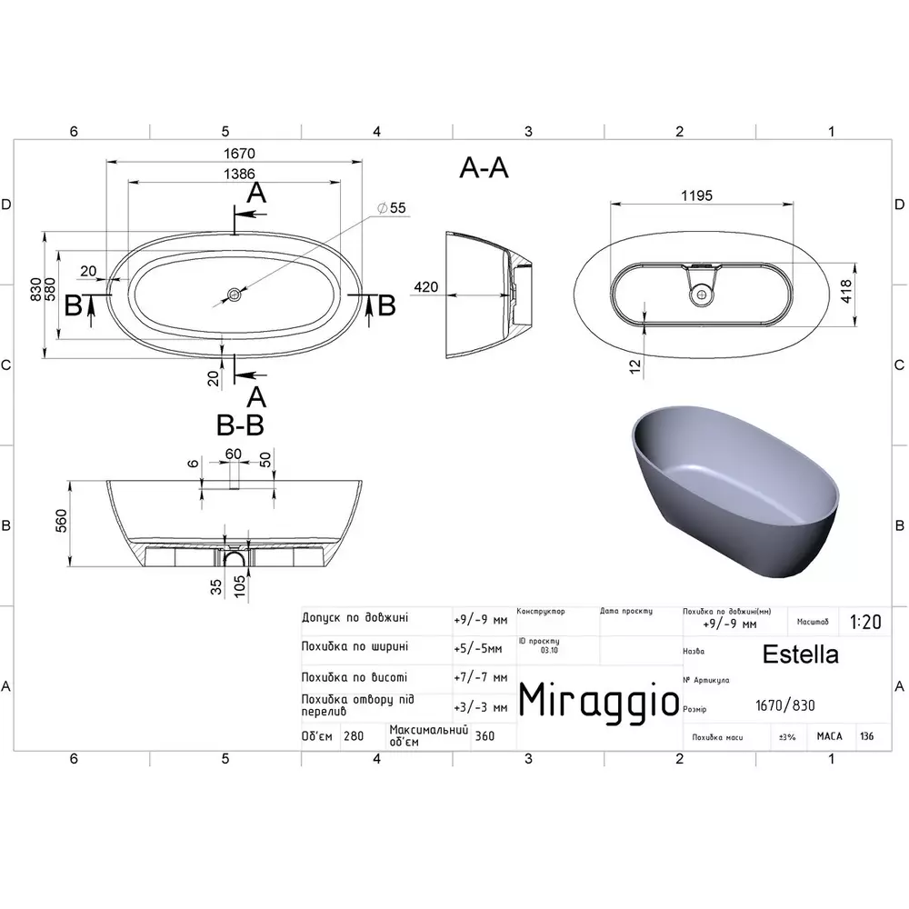 Miraggio Estella Matt 168x83 (ESTELLA (MATT)) Габаритные размеры