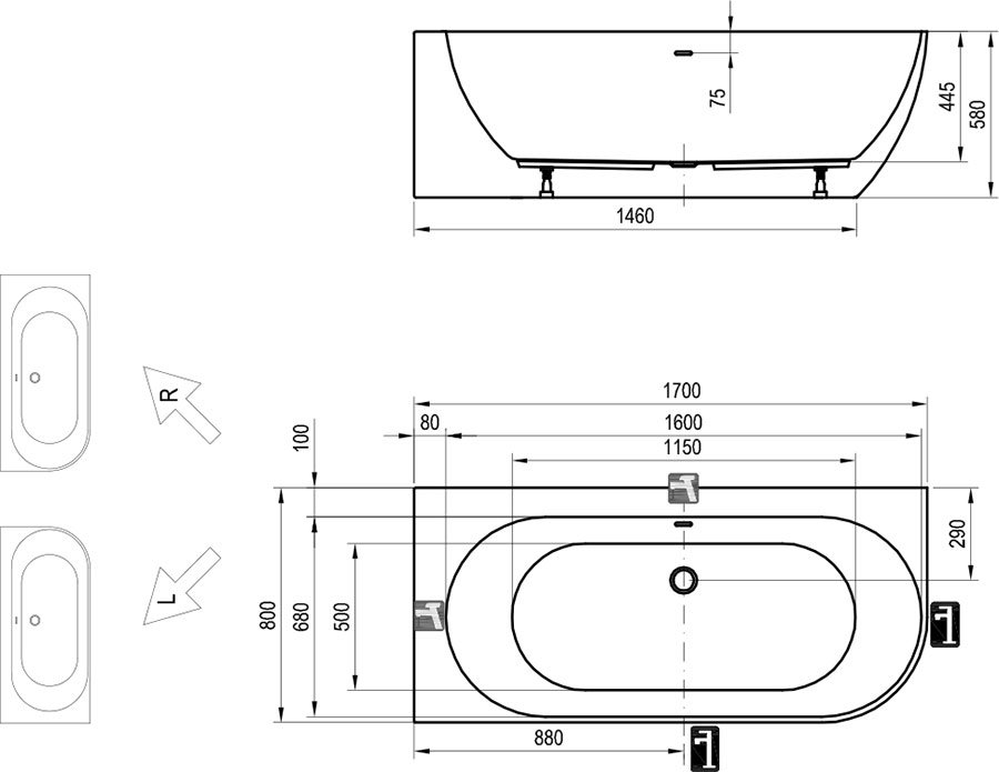 Ravak FREEDOM Corner R 1700x800 (XC00100042) Габаритные размеры