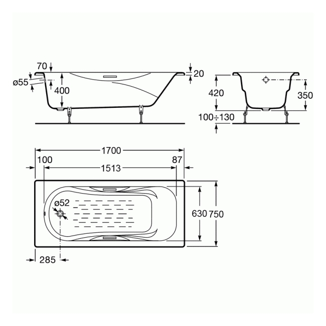 Roca Malibu 170x75 (A23097000R+A150412330) Габаритні розміри