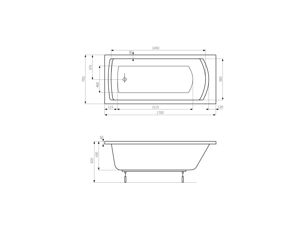 Roca Linea 170x75 (A24T042000) Габаритные размеры