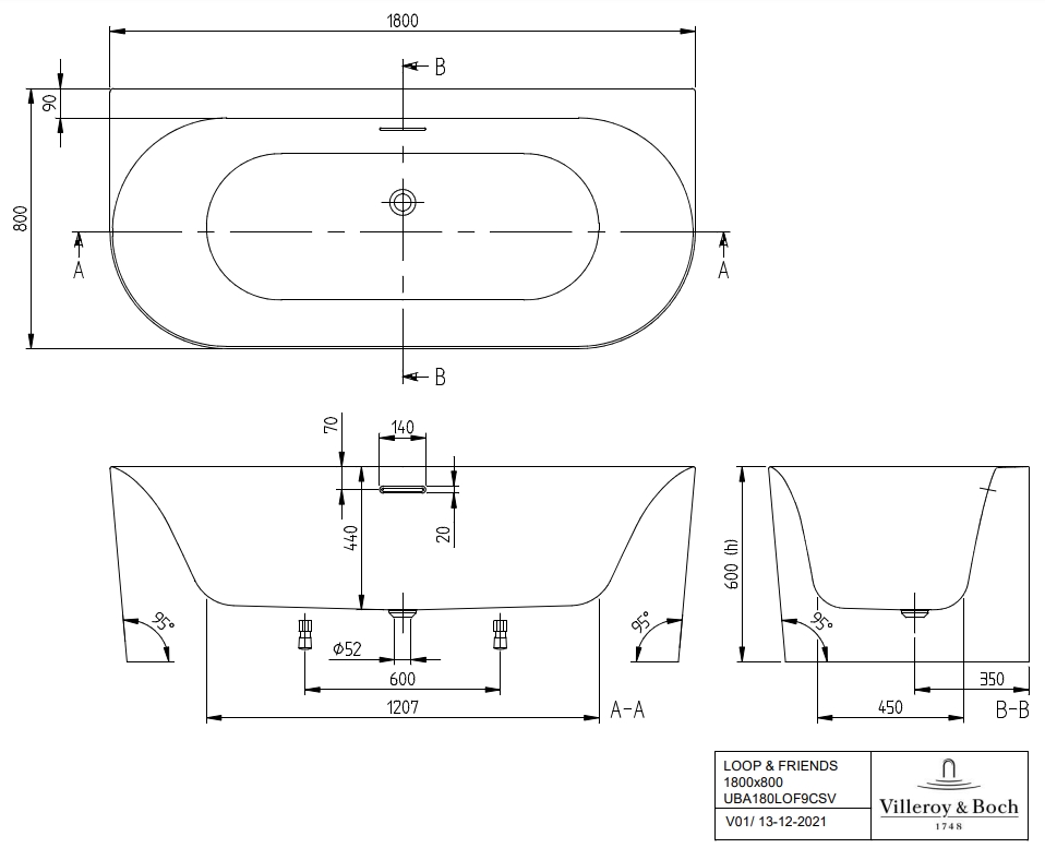 Villeroy&Boch Loop&Friends Oval 180x80 (UBA180LOF9CS00V-01/U90959001) Габаритные размеры