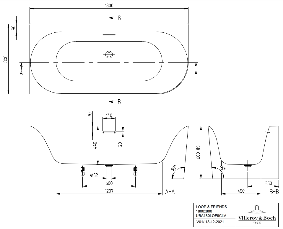 Villeroy&Boch Loop&Friends Oval 180x80 (UBA180LOF9CL00V-01/U90959001) Габаритні розміри