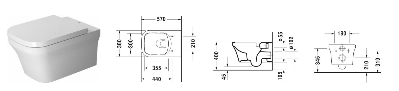 Duravit P3 Comforts Rimless (2561090000_0020390000) Габаритные размеры