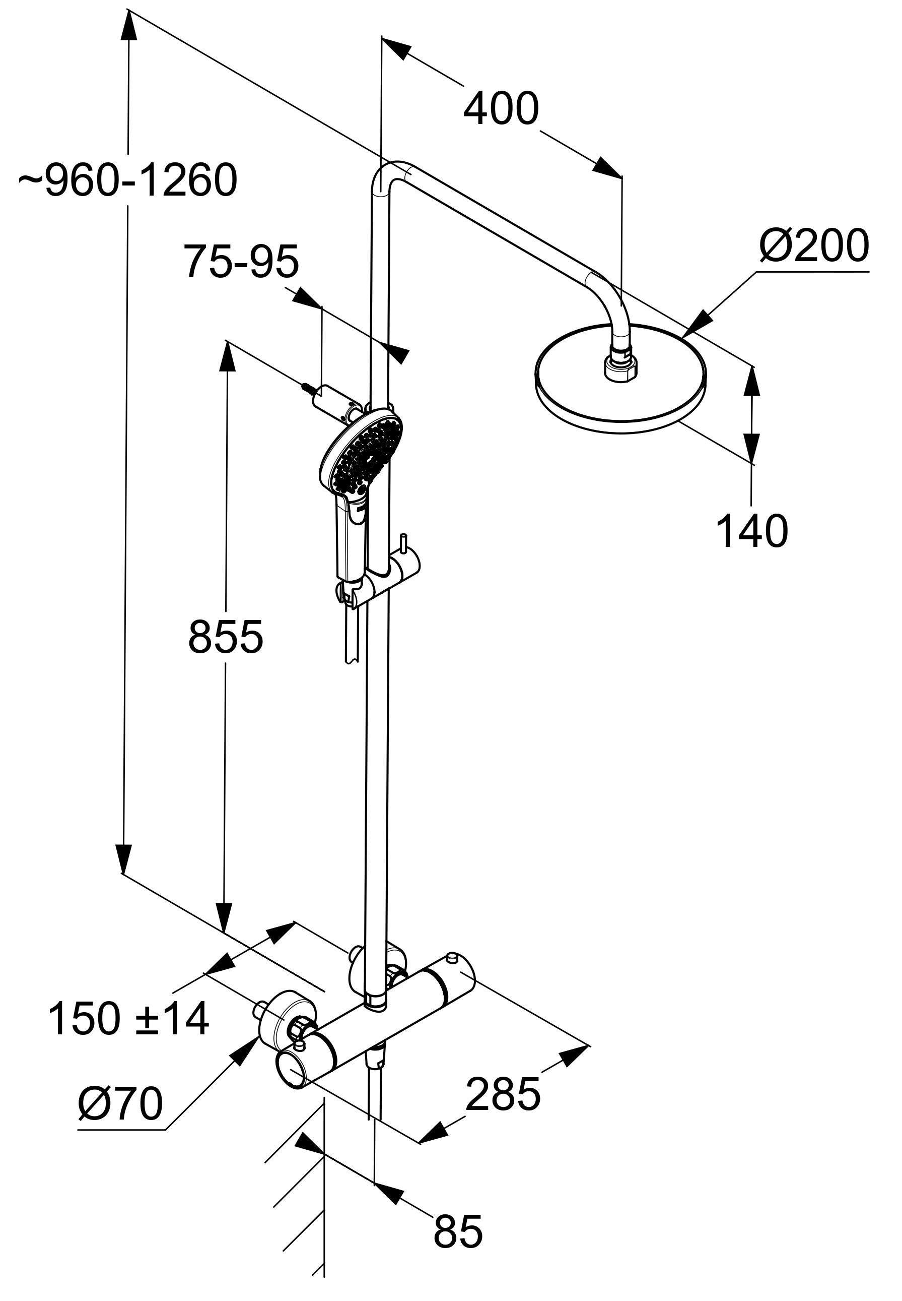 Kludi DIVE Dual Shower System з термостатом xDive (6907905-00) Габаритні розміри