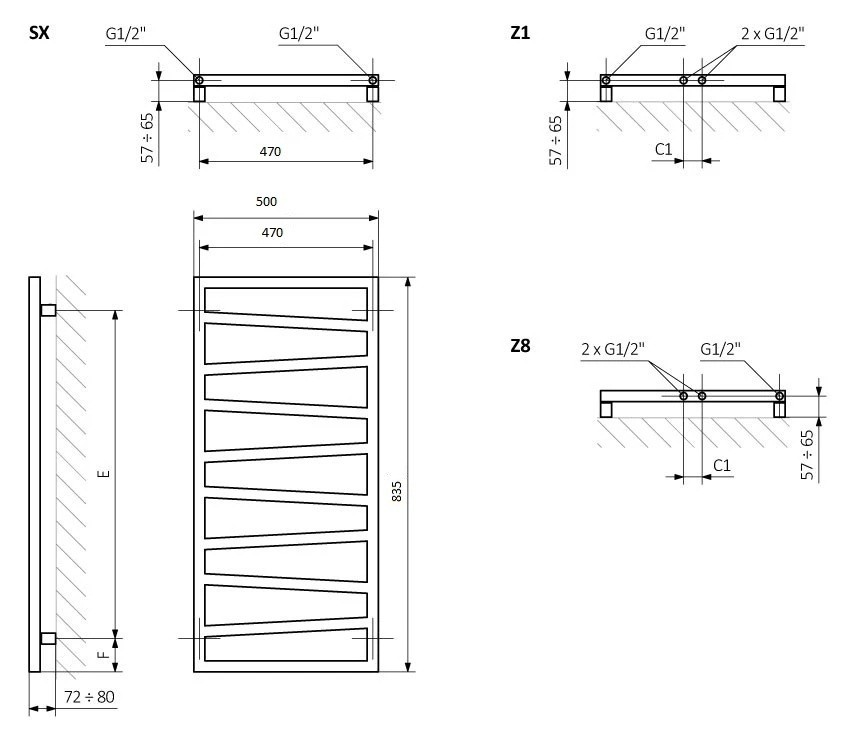 Terma Zigzag 835x500 (WLZIG083050K9M5E8TS1D) Габаритные размеры