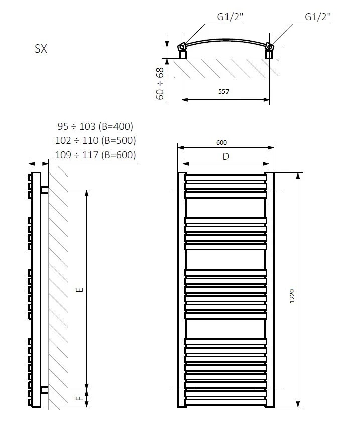 Terma Dexter 1220x600 (WGDEX122060KCROSX) Габаритные размеры