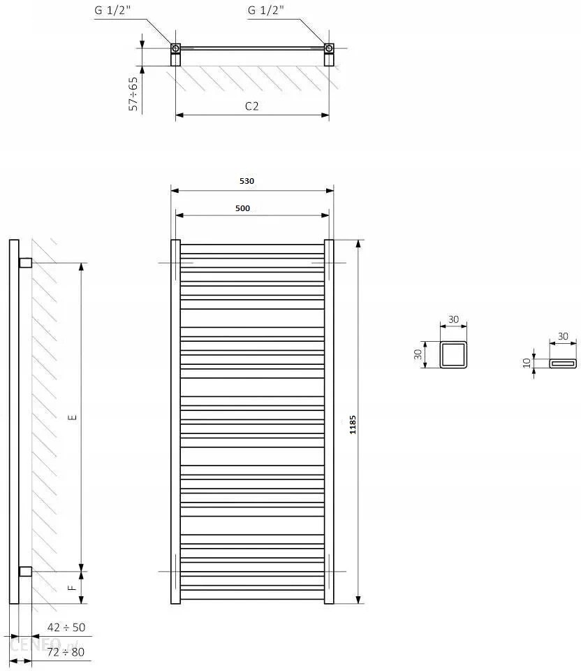 Terma Marlin One 1185x530 (WWMRN118053KS96E1U) Габаритні розміри